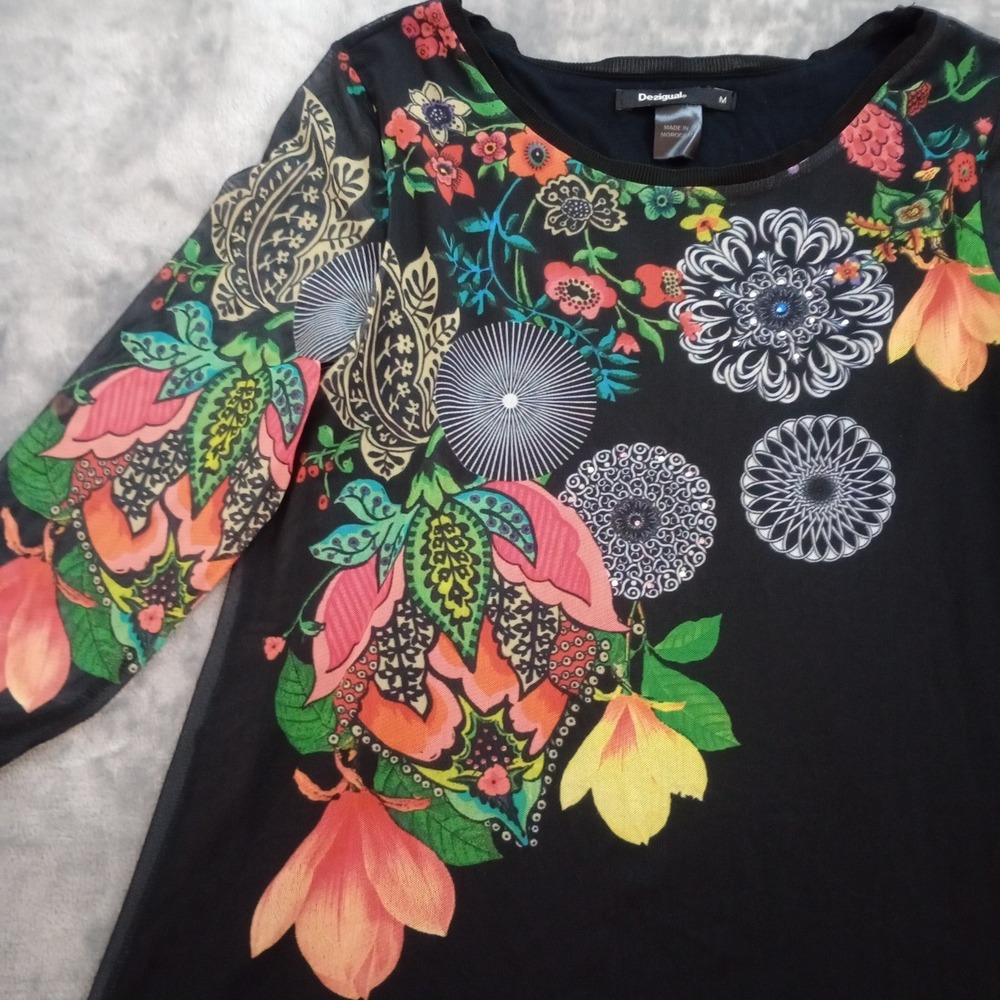 Desigual Womens‎ Floral Tunic Top Size Medium 3/4 Sleeve Boho Artsy Fairycore - Picture 4 of 16
